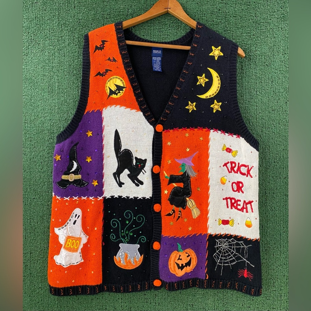 VTG Halloween Witch Cat Trick Or Treat Embroidered Embellished Sweater Vest XL
